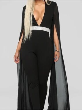 Fashion Nova Black Jumpsuit with Silver Rhinestone Waist